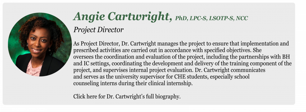 Angie Cartwright, PhD, LPC-S, LSOTP-S, NCC Project Director As Project Director, Dr. Cartwright manages the project to ensure that implementation and 
prescribed activities are carried out in accordance with specified objectives. She 
oversees the coordination and evaluation of the project, including the partnerships with BH 
and IC settings, coordinating the development and delivery of the training component of the 
project, and supervises internal project evaluation. Dr. Cartwright communicates 
and serves as the university supervisor for CHE students, especially school 
counseling interns during their clinical internship.
Click here for Dr. Cartwright’s full biography.